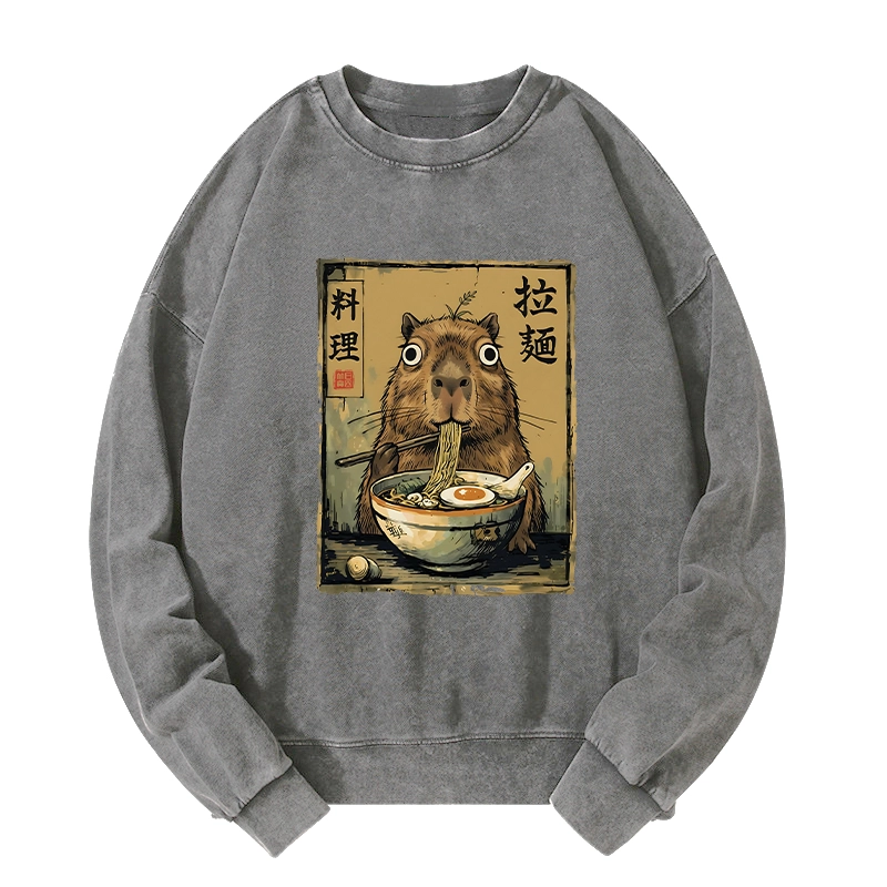 Tokyo-Tiger Cute Capybara Eating Ramen Washed Sweatshirt