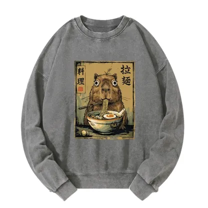 Tokyo-Tiger Cute Capybara Eating Ramen Washed Sweatshirt