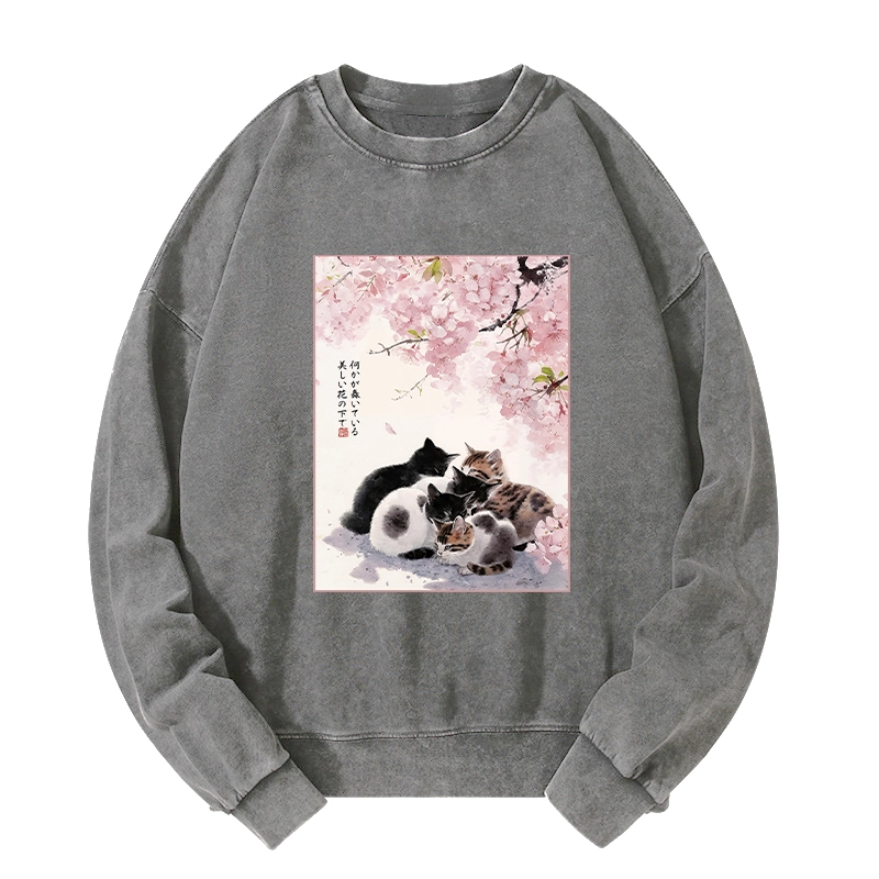 Tokyo-Tiger Cute Cats Sakura Garden Washed Sweatshirt