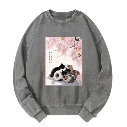 Tokyo-Tiger Cute Cats Sakura Garden Washed Sweatshirt