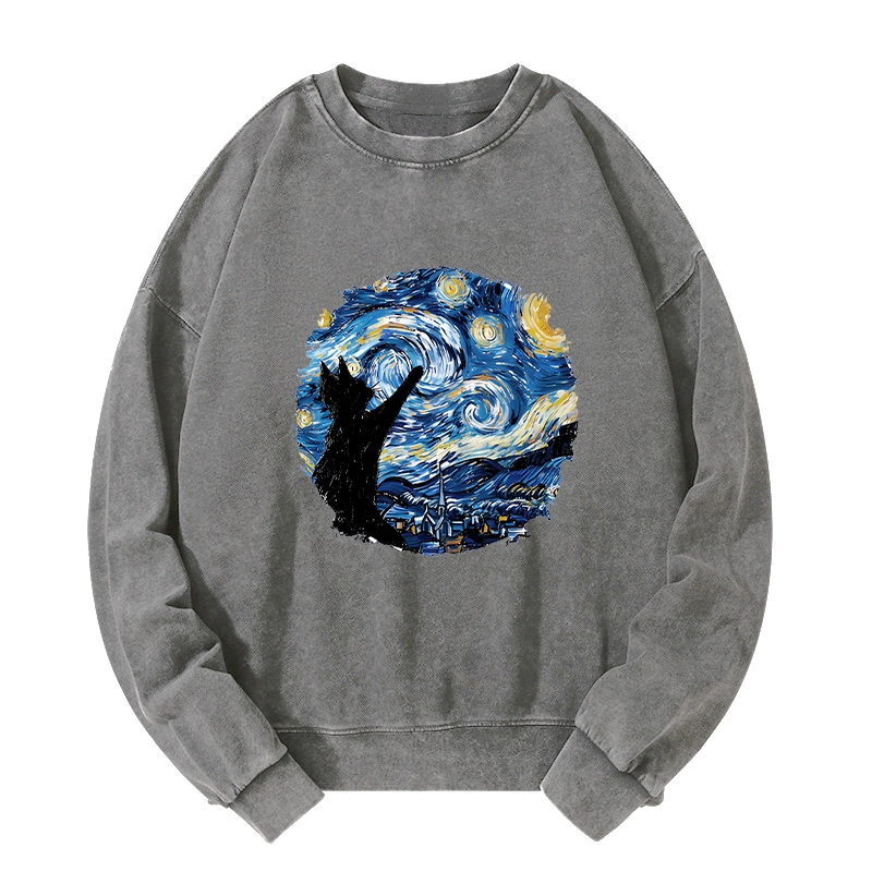 Tokyo-Tiger Starry Night Black Cat Washed Sweatshirt