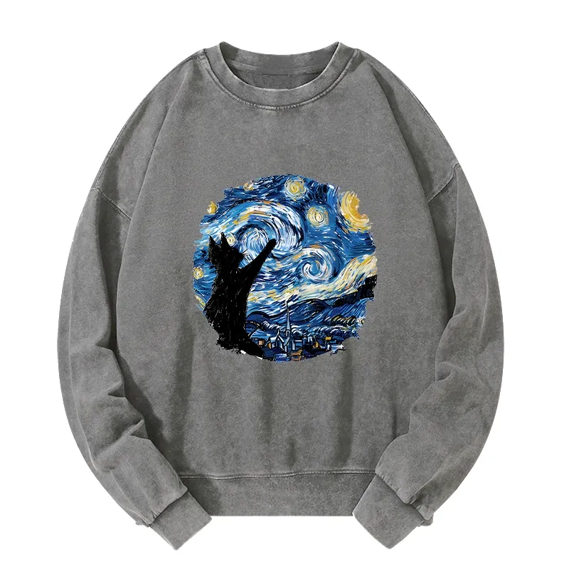 Tokyo-Tiger Starry Night Black Cat Washed Sweatshirt