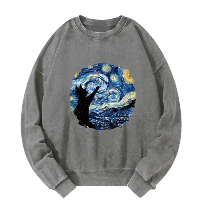 Tokyo-Tiger Starry Night Black Cat Washed Sweatshirt