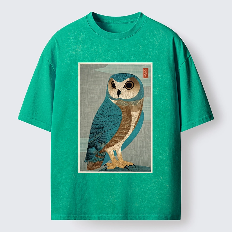 Tokyo-Tiger Vintage Owl Woodblock Art Washed T-Shirt