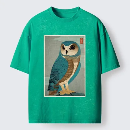 Tokyo-Tiger Vintage Owl Woodblock Art Washed T-Shirt