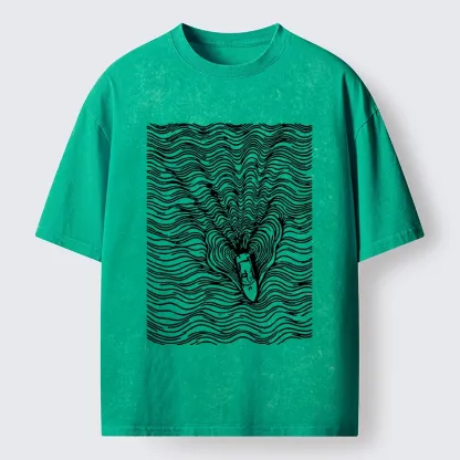 Tokyo-Tiger Line Art Boat On The Ocean Washed T-Shirt