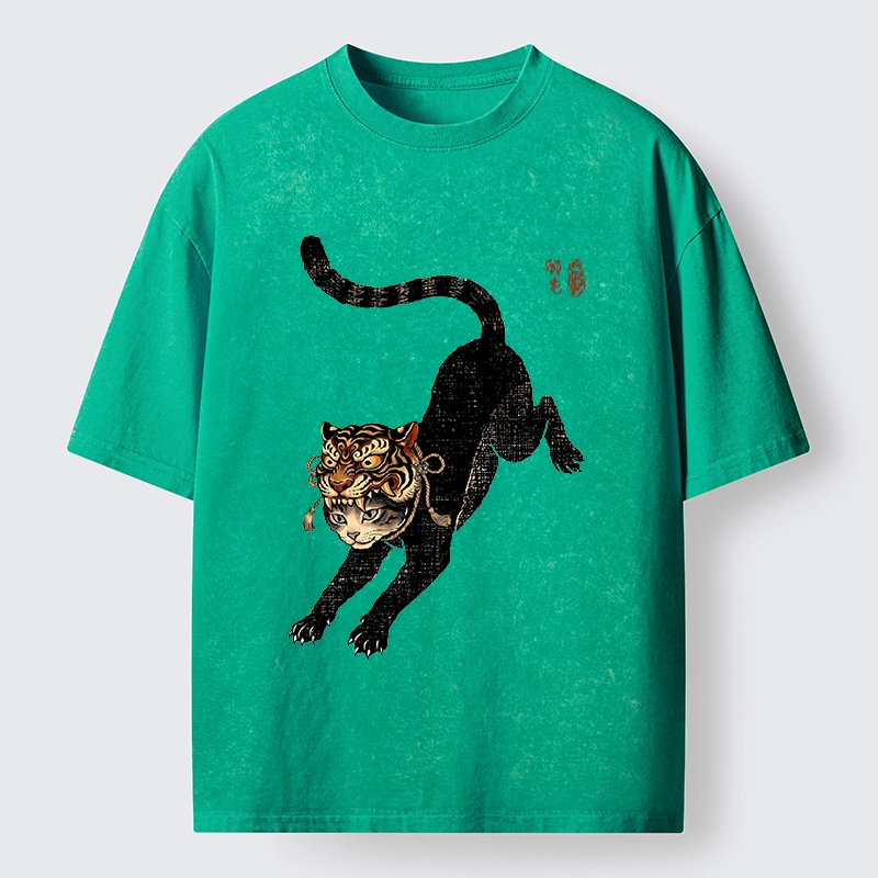 Tokyo-Tiger Cat With Tiger Mask Cool Art Washed T-Shirt