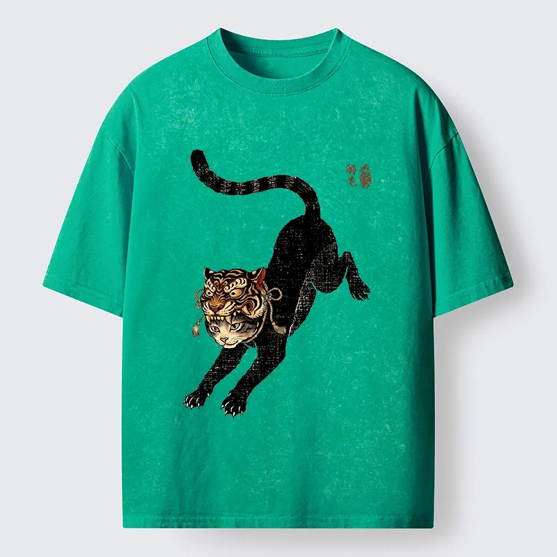 Tokyo-Tiger Cat With Tiger Mask Cool Art Washed T-Shirt