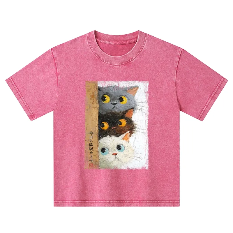 Tokyo-Tiger Three Cute Cats Watch You Kids Washed T-Shirt