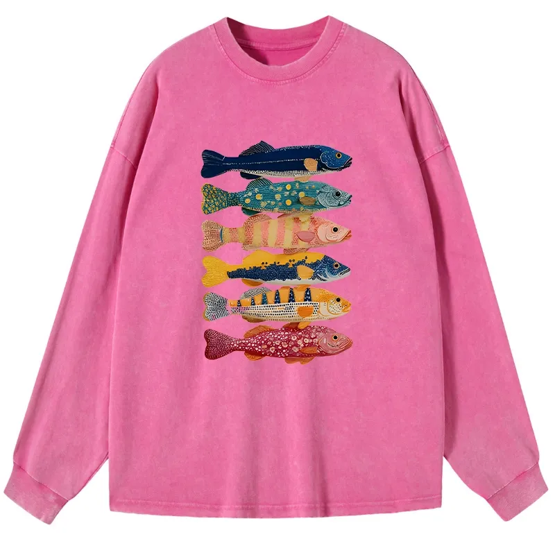Tokyo-Tiger Colorful Fish Art Collection Washed Long Sleeve T-Shirt