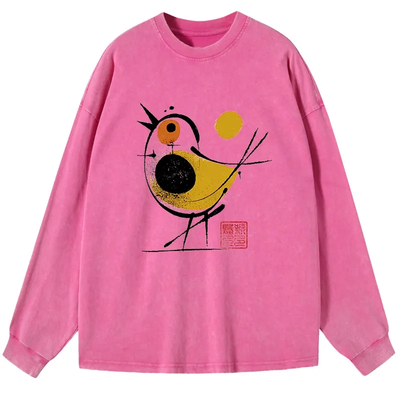 Tokyo-Tiger Aesthetic Yellow And Black Bird Washed Long Sleeve T-Shirt