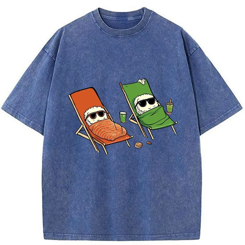 Tokyo-Tiger Funny Sushi Sunbathing Washed T-Shirt