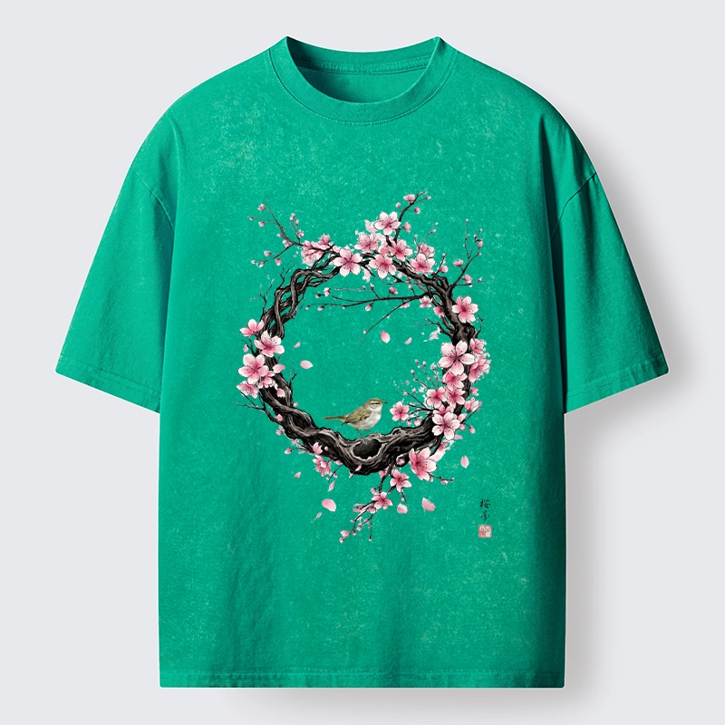 Tokyo-Tiger Sakura Wreath And Little Bird Washed T-Shirt