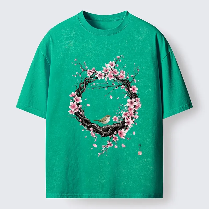 Tokyo-Tiger Sakura Wreath And Little Bird Washed T-Shirt