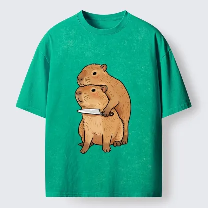 Tokyo-Tiger Capybara With Knife Funny Meme Washed T-Shirt