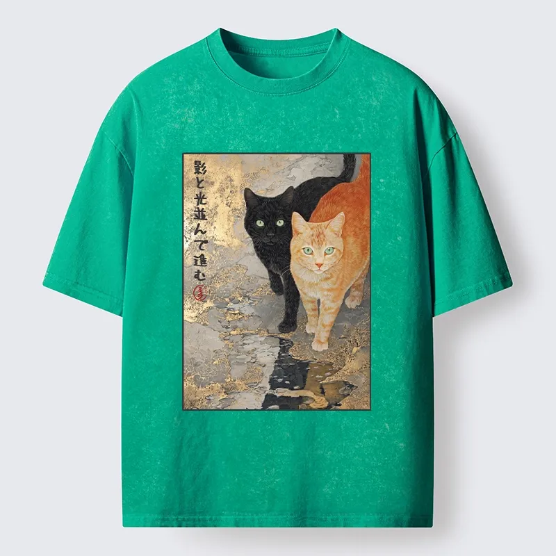 Tokyo-Tiger Japanese Gold Leaf Cat Print Meme Washed T-Shirt