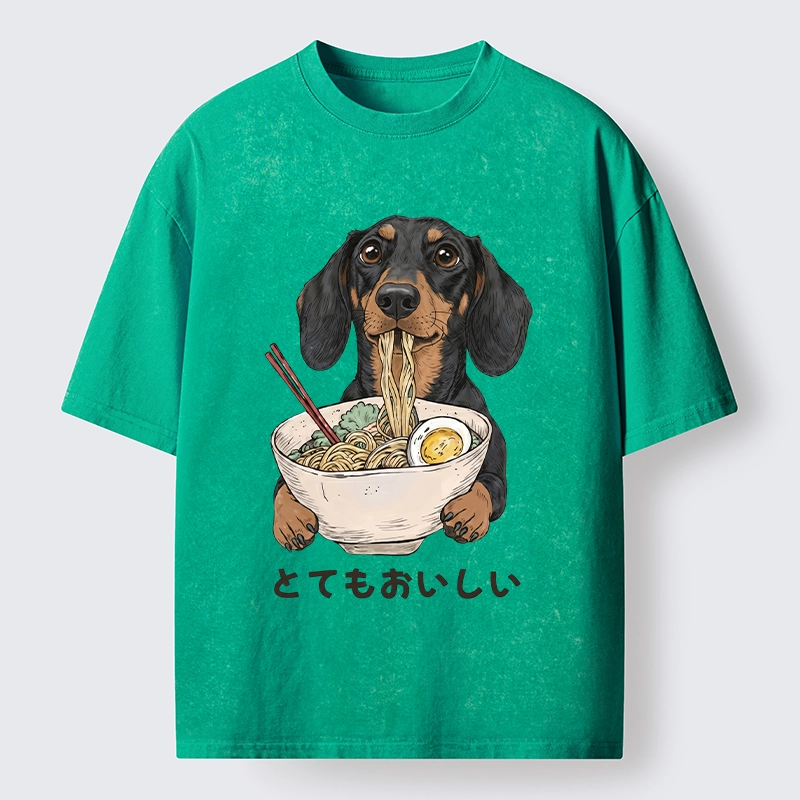 Tokyo-Tiger Cute Dog Eating Noodles Art Meme Washed T-Shirt