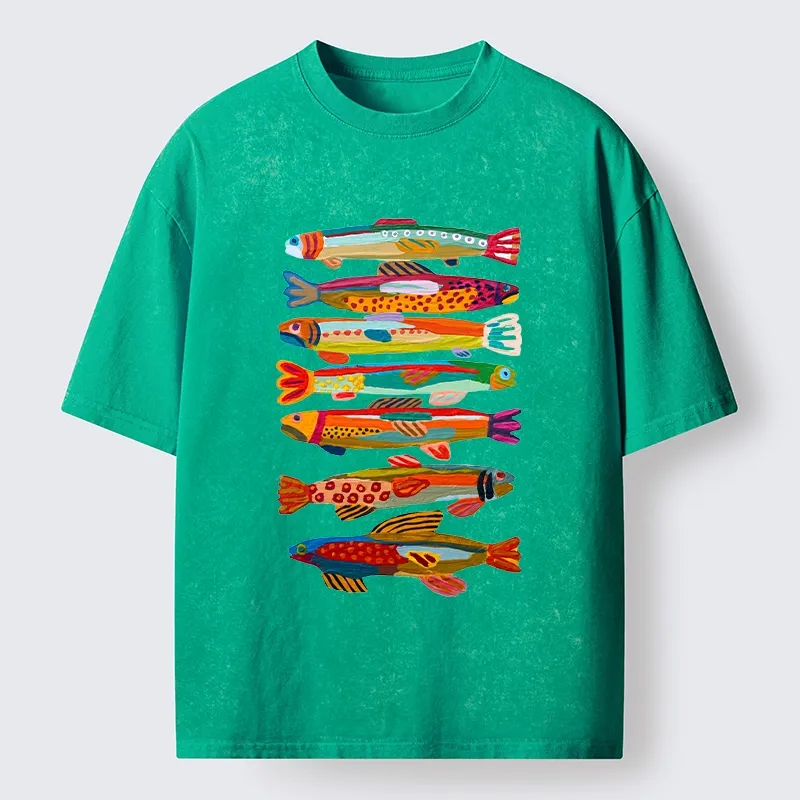 Tokyo-Tiger Colorful Fish Folk Art Print Washed T-Shirt