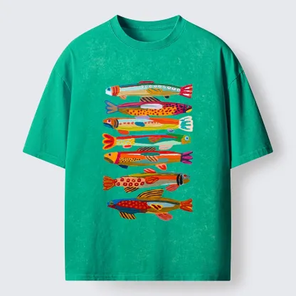 Tokyo-Tiger Colorful Fish Folk Art Print Washed T-Shirt