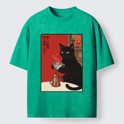 Tokyo-Tiger Cat Coffee Time Japanese Print Washed T-Shirt