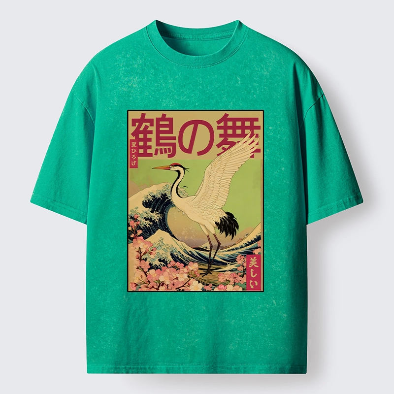 Tokyo-Tiger Japanese Crane And Wave Art Washed T-Shirt