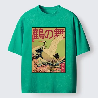 Tokyo-Tiger Japanese Crane And Wave Art Washed T-Shirt