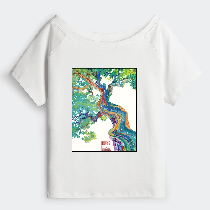 Tokyo-Tiger Colorful Magic Tree Off Shoulder T-Shirt