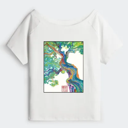 Tokyo-Tiger Colorful Magic Tree Off Shoulder T-Shirt