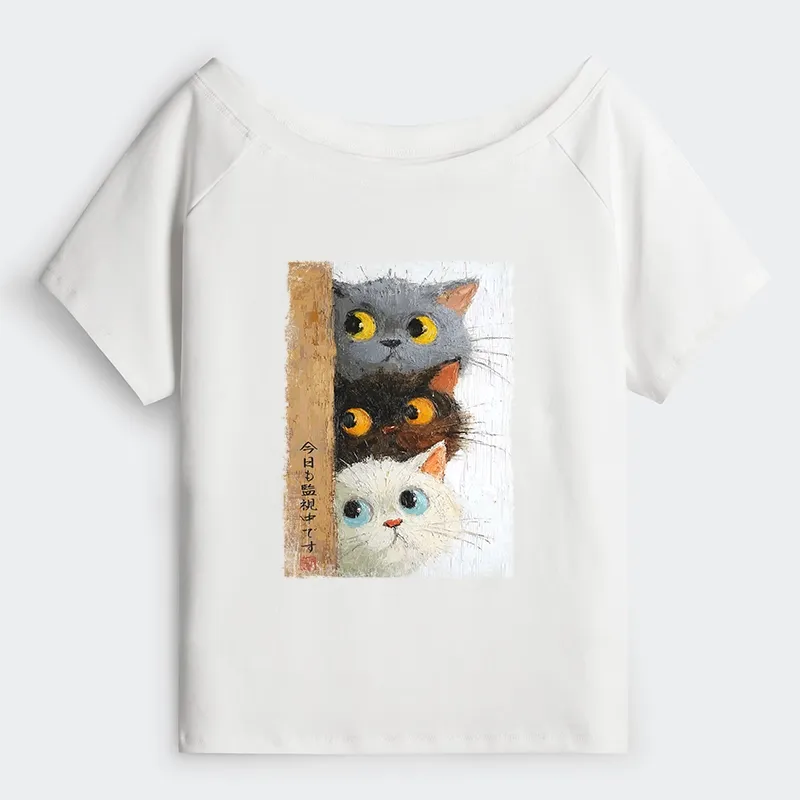 Tokyo-Tiger Three Cute Cats Watch You Off Shoulder T-Shirt