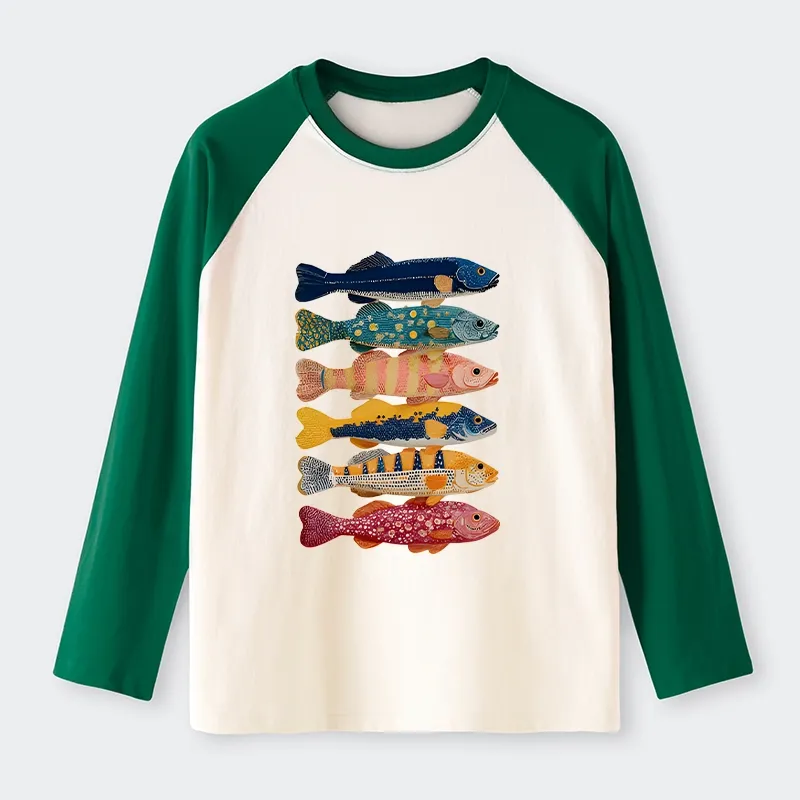 Tokyo-Tiger Colorful Fish Art Collection Raglan Long Sleeve T-shirt