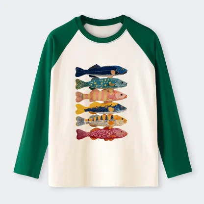 Tokyo-Tiger Colorful Fish Art Collection Raglan Long Sleeve T-shirt