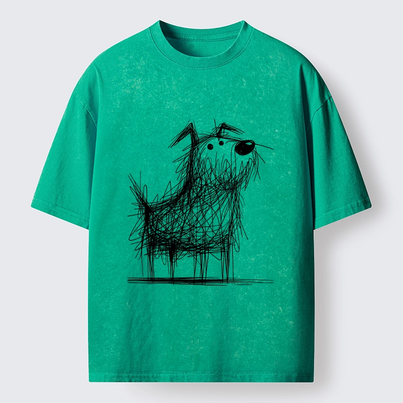 Tokyo-Tiger Cute Scrawled Dog Line Art Washed T-Shirt