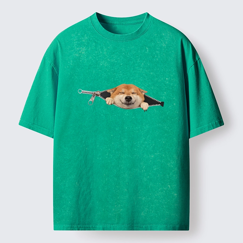 Tokyo-Tiger Cute Shiba Dog In Zipper Washed T-Shirt