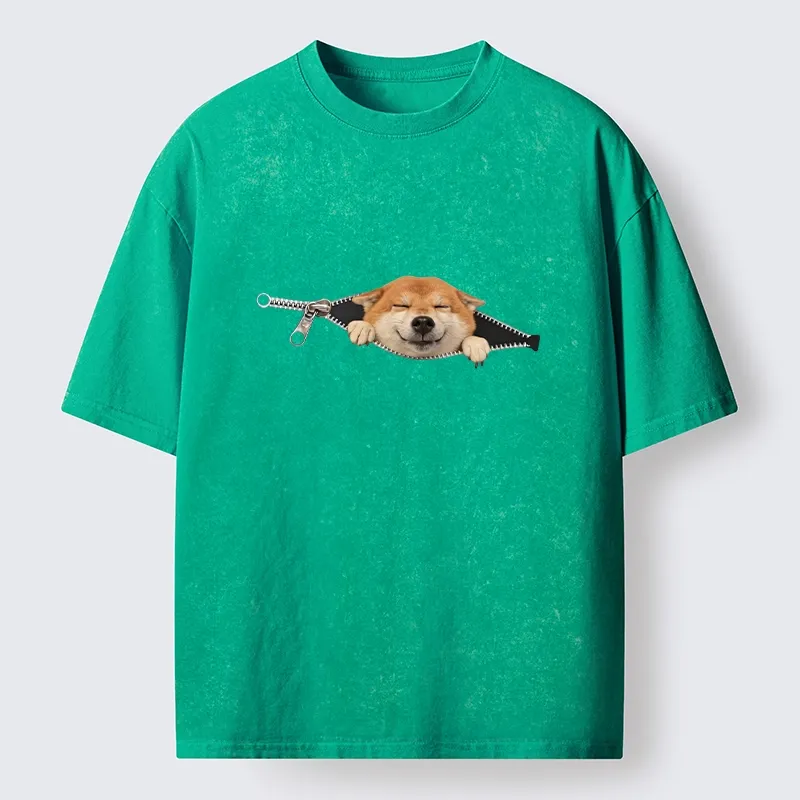 Tokyo-Tiger Cute Shiba Dog In Zipper Washed T-Shirt