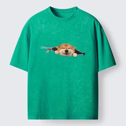 Tokyo-Tiger Cute Shiba Dog In Zipper Washed T-Shirt