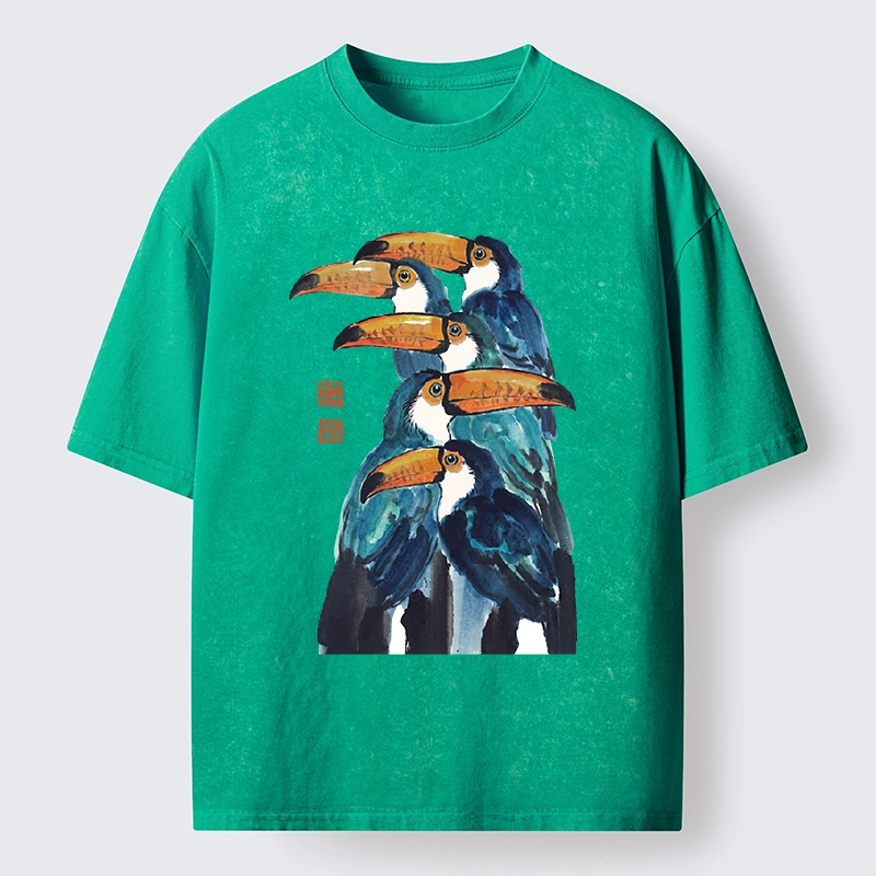Tokyo-Tiger Blue Toucans Watercolor Washed T-Shirt