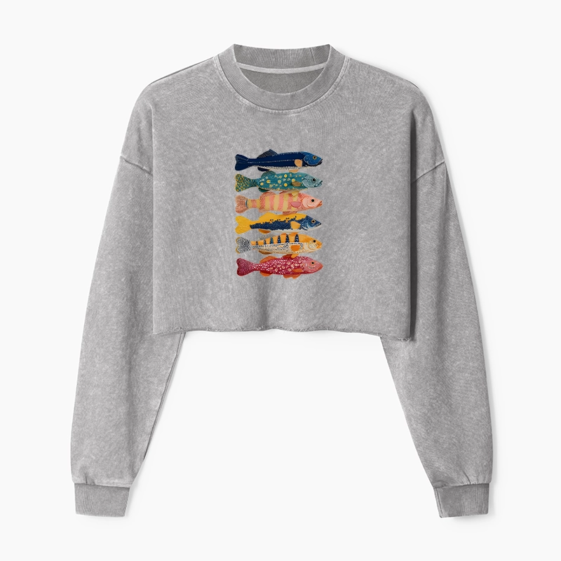 Tokyo-Tiger Colorful Fish Art Collection Washed Crop Sweatshirt