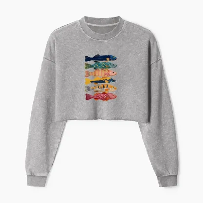 Tokyo-Tiger Colorful Fish Art Collection Washed Crop Sweatshirt