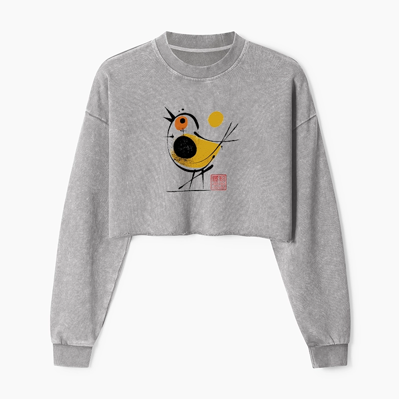Tokyo-Tiger Aesthetic Yellow And Black Bird Washed Crop Sweatshirt