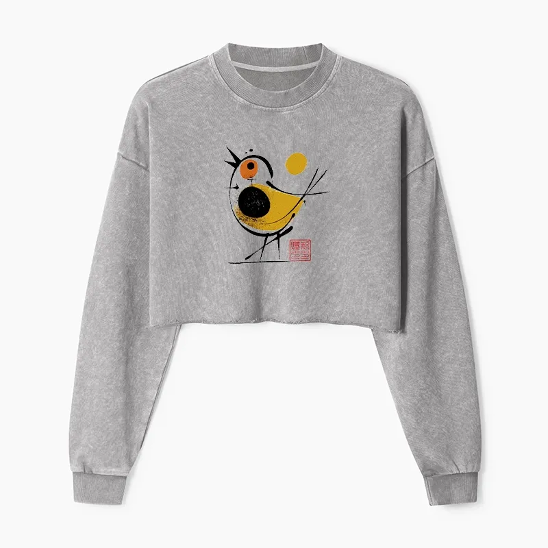 Tokyo-Tiger Aesthetic Yellow And Black Bird Washed Crop Sweatshirt