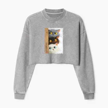 Tokyo-Tiger Three Cute Cats Watch You Washed Crop Sweatshirt