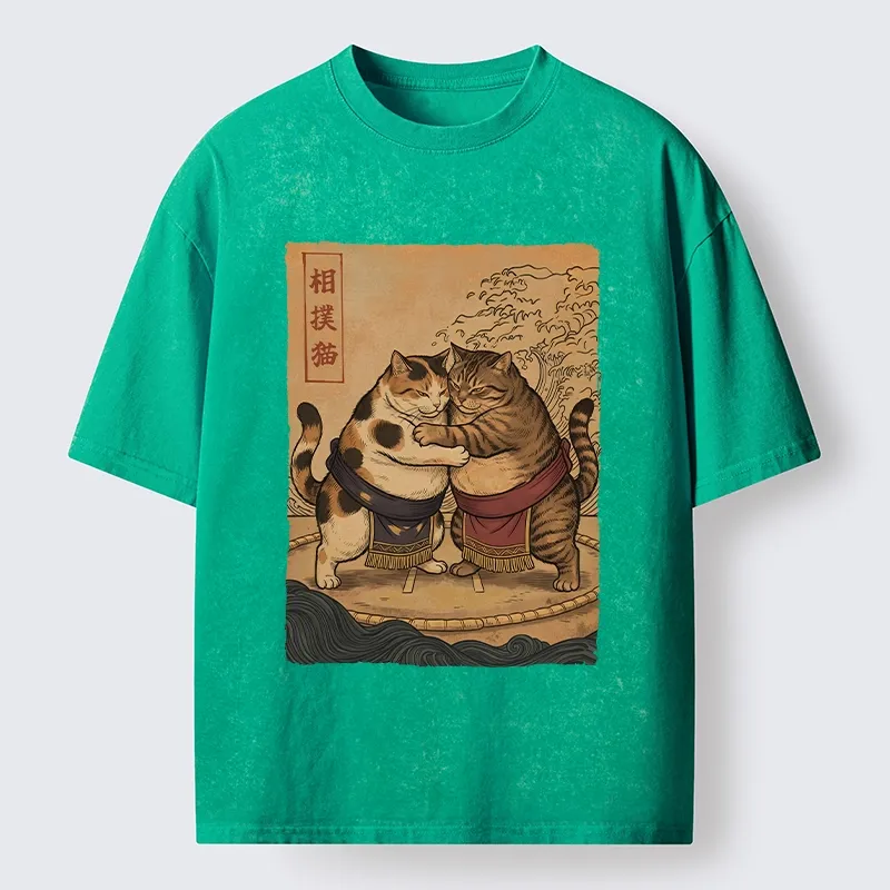 Tokyo-Tiger Sumo Cats Ready To Fight Washed T-Shirt