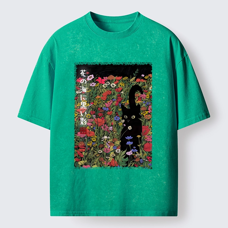 Tokyo-Tiger Black Cat Hiding In Flower Sea Washed T-Shirt