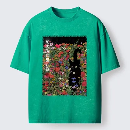 Tokyo-Tiger Black Cat Hiding In Flower Sea Washed T-Shirt