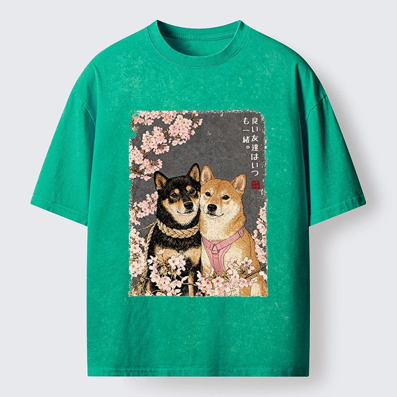 Tokyo-Tiger Two Shibas And Sakura Flowers Washed T-Shirt