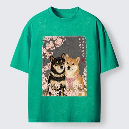Tokyo-Tiger Two Shibas And Sakura Flowers Washed T-Shirt