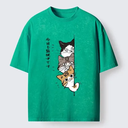 Tokyo-Tiger Funny Cat Surveillance Squad Washed T-Shirt