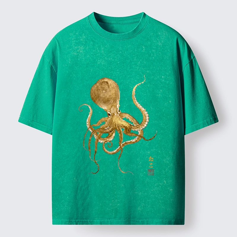 Tokyo-Tiger Japanese Style Octopus Painting Washed T-Shirt