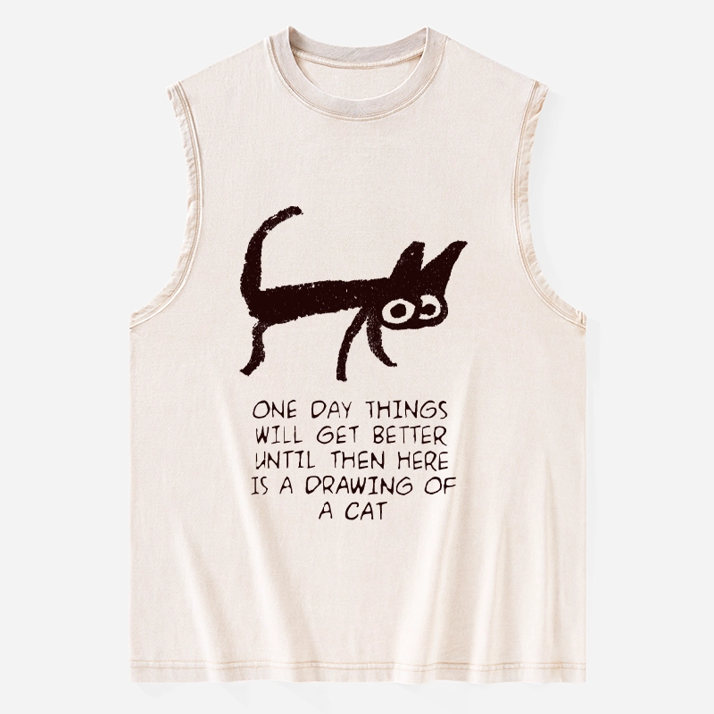 Tokyo-Tiger Cat Cheer Up Drawing Washed Tank