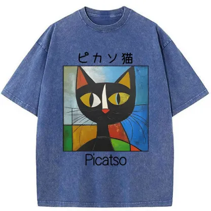 Tokyo-Tiger Funny Picasso Cat Washed T-Shirt